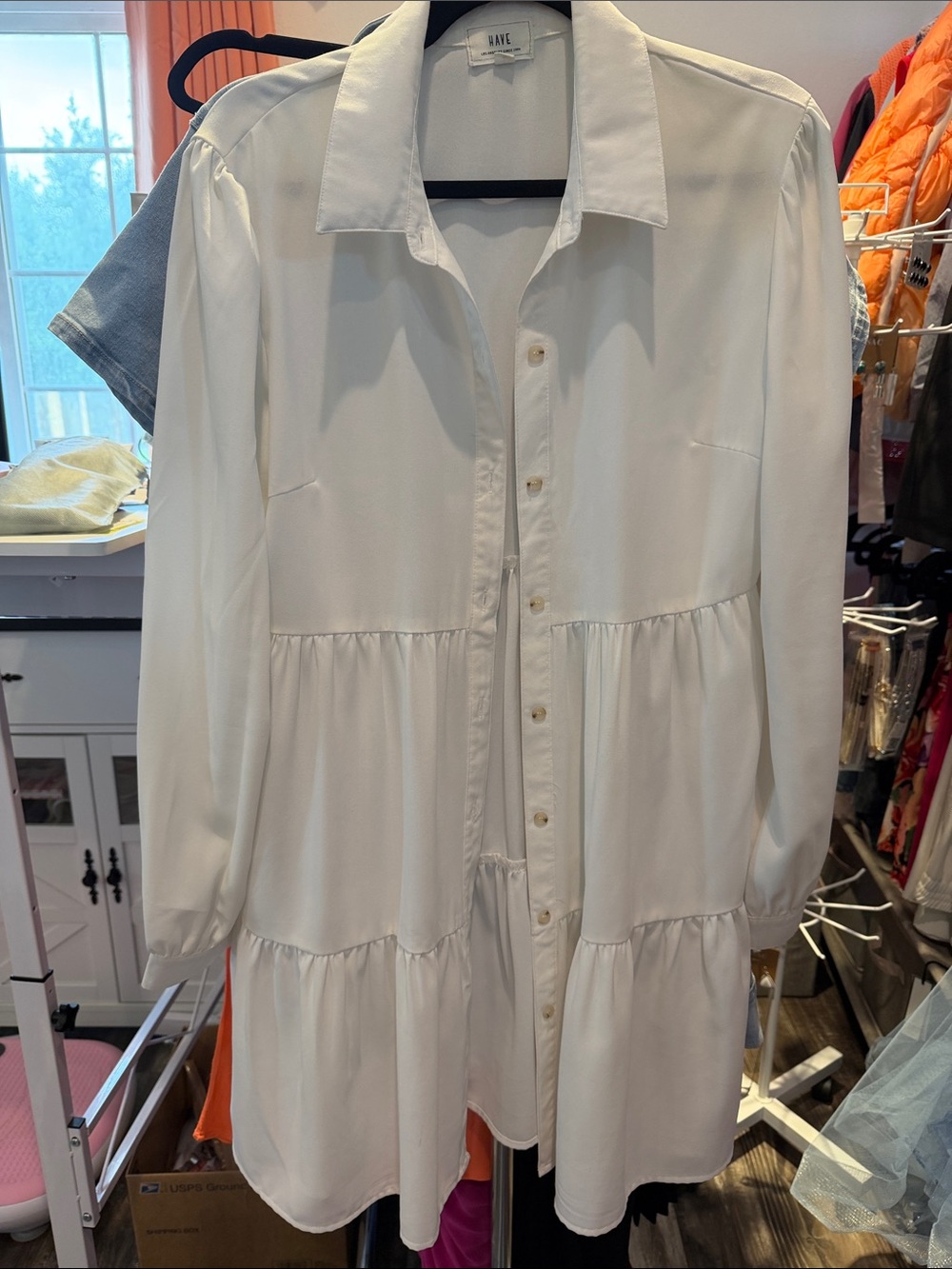 Have White Tiered Long-Sleeve Shirt Dress